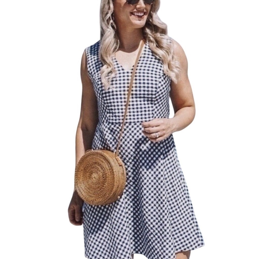 Draper James Gingham Dress Women Size 4 Navy Blue White Fit Flare Spring Picnic - Picture 10 of 10